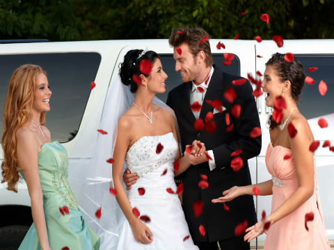 Wedding Party Taking a picture in front of a white stretched Hummer